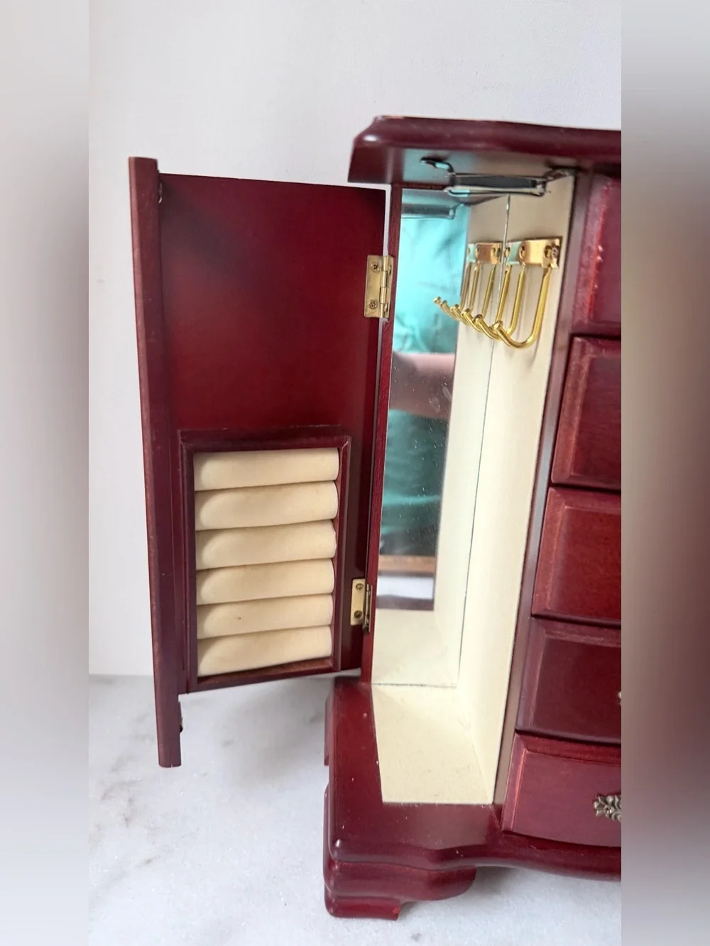 Wooden Jewelry Armoire Chest in Deep Red - Classic Storage Organizer